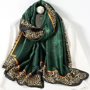 Boho Emerald Green Leopard Print Silk Scarf